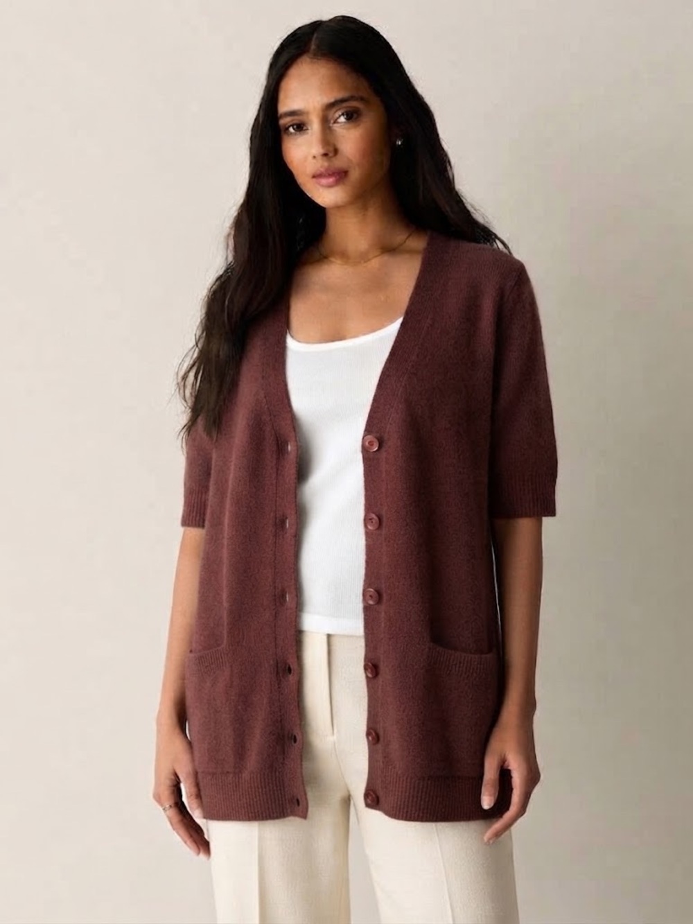 Rust Button-Front Longline Women's Sweater Cardigan
